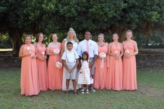 Emma and her Bridesmaids wearing a Custom Made to Measure Dress called Poopy designed by Patricia Barclay under my Ella Rae Bridesmaid Label