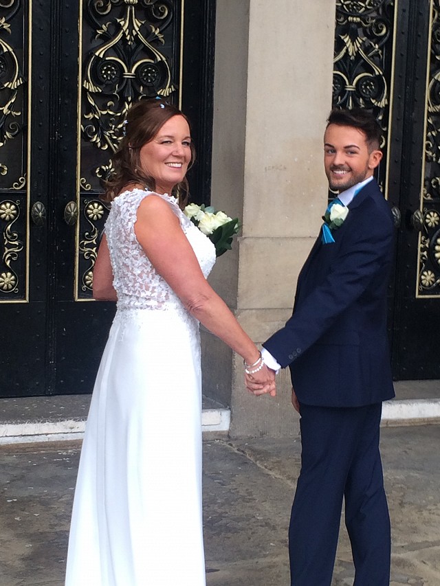 Gill wearing her beautiful bespoke Patricia Barclay wedding dress