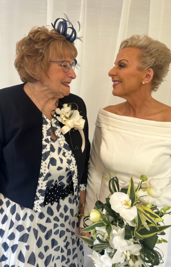 Helen and her Mum on her Wedding Day wearing her bespoke dress Roberta