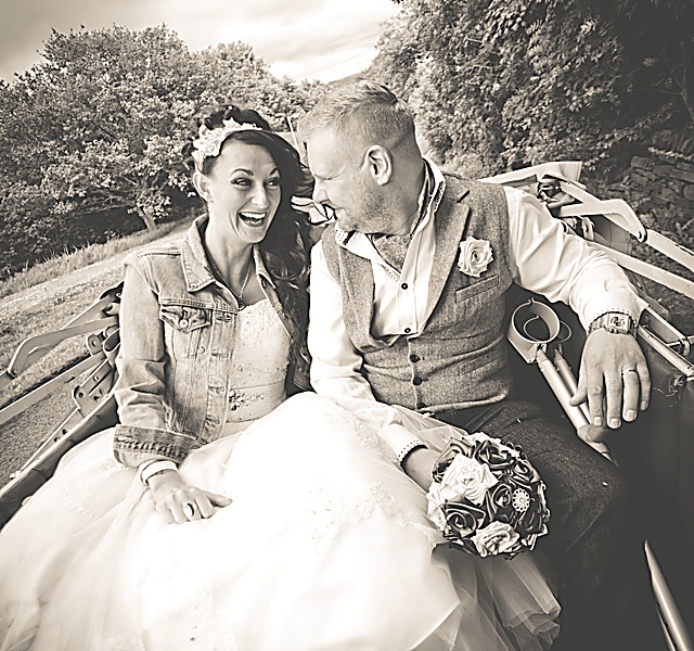 Sara and George on their Wedding Day - Sara wearing Bespoke Patricia Barclay